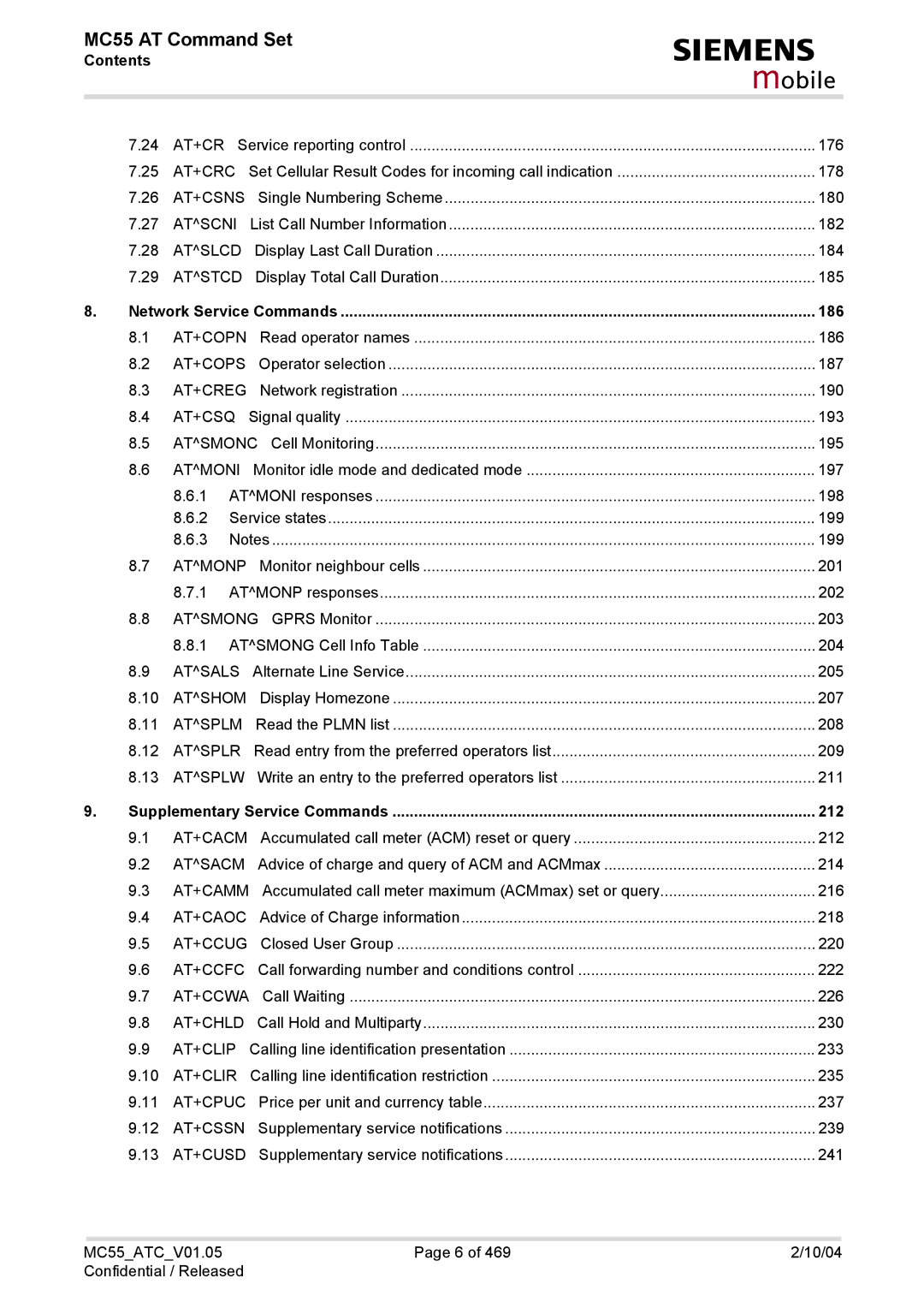 Siemens MC55 manual At+Crc, At+Csns, Atscni, Atslcd, Atstcd, At+Copn, At+Cops, At+Creg, At+Csq, Atsmonc, Atmoni, Atmonp 