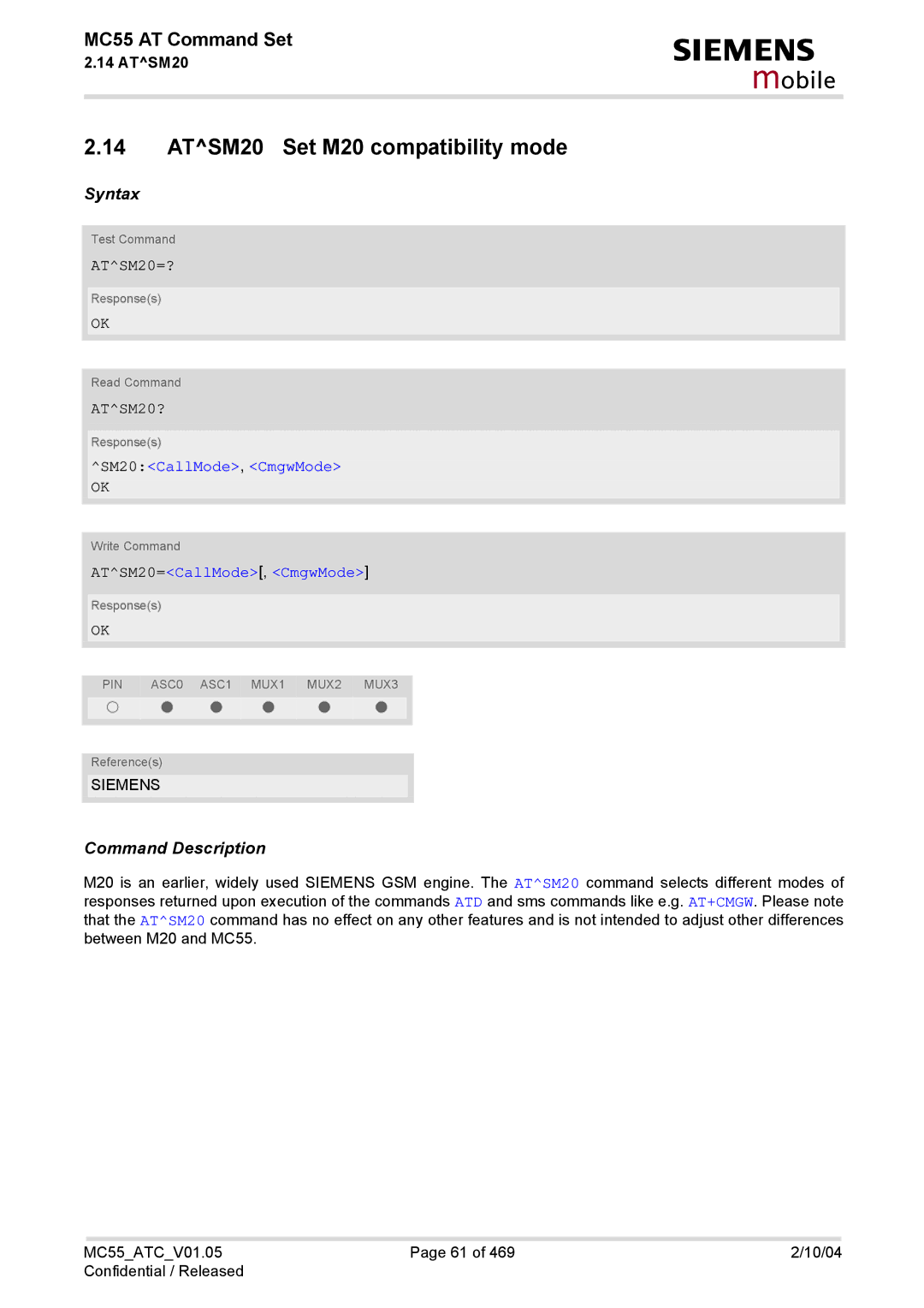 Siemens MC55 manual ATSM20 Set M20 compatibility mode, ATSM20=?, ATSM20?, SM20CallMode, CmgwMode, ATSM20=CallMode, CmgwMode 