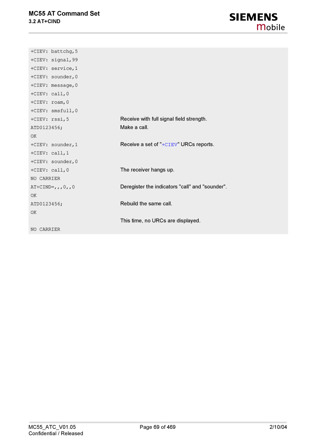 Siemens MC55 manual ATD0123456, +CIEV sounder,1, +CIEV call,1 +CIEV sounder,0 +CIEV call,0, No Carrier, AT+CIND=,,,0,,0 