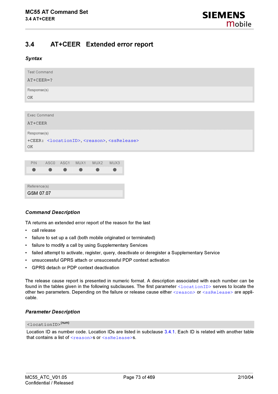 Siemens MC55 manual AT+CEER Extended error report, At+Ceer=?, +CEER locationID, reason, ssRelease, LocationIDnum 