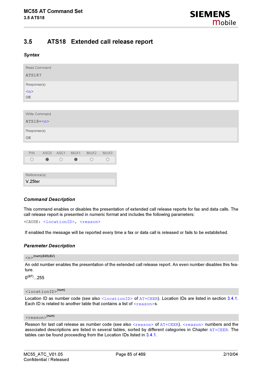 Siemens MC55 manual ATS18 Extended call release report, ATS18?, ATS18=n, +CAUSE locationID, reason 