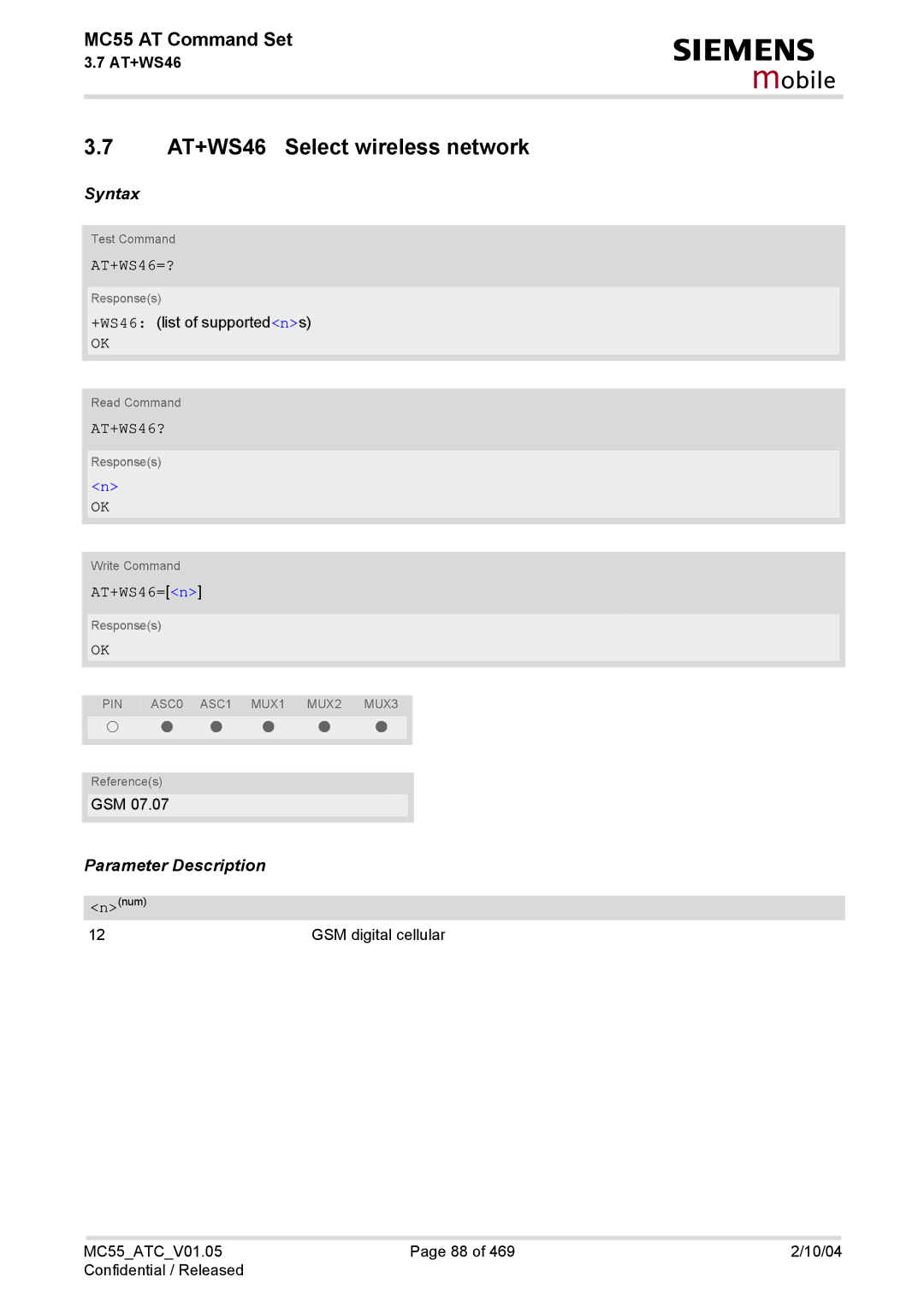 Siemens MC55 manual AT+WS46 Select wireless network, AT+WS46=?, AT+WS46?, AT+WS46=n 