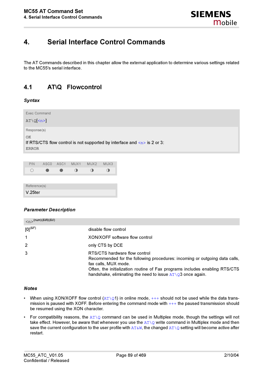 Siemens MC55 manual Serial Interface Control Commands, AT\Q Flowcontrol, AT\Qn, Error 