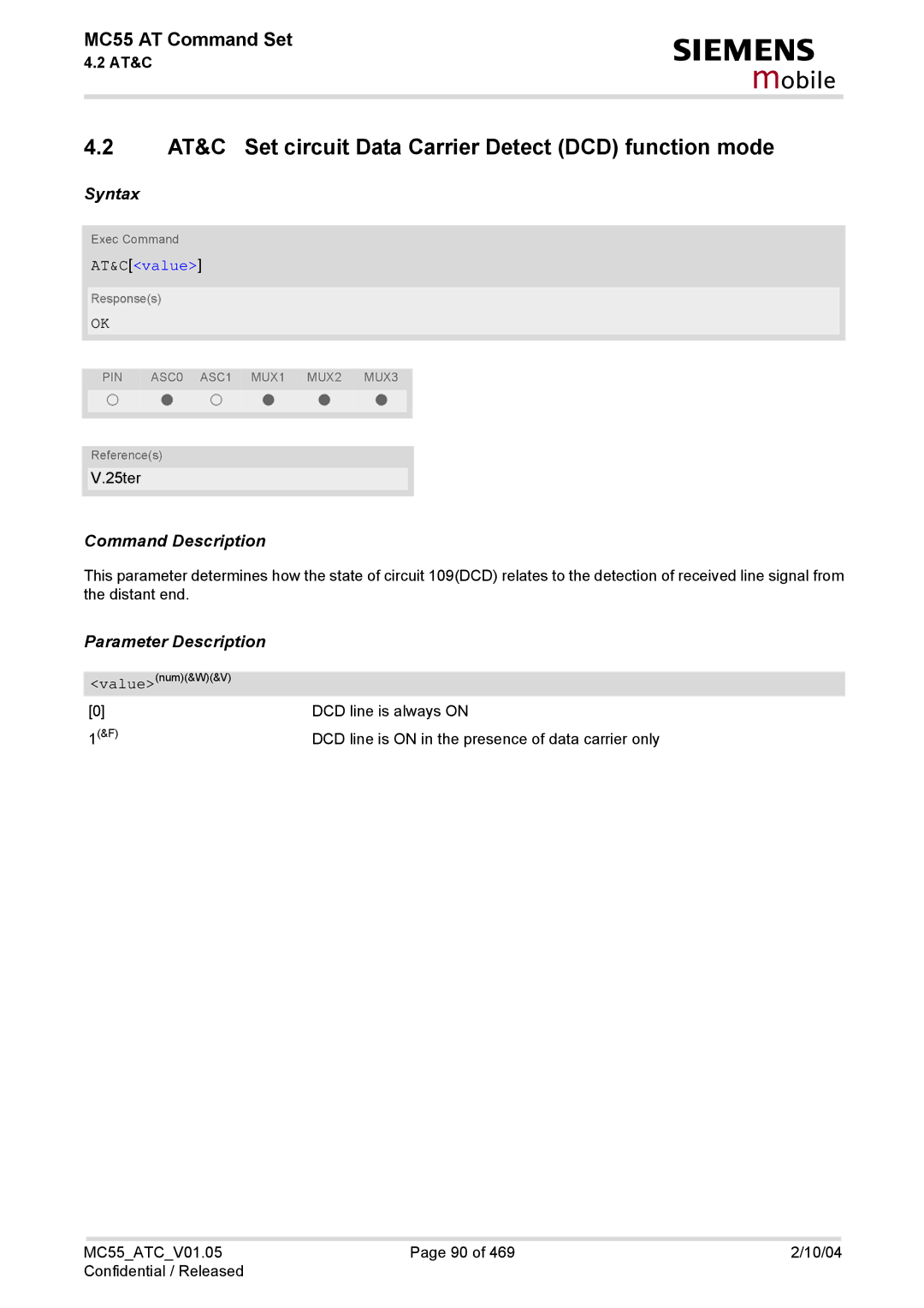 Siemens MC55 manual AT&C Set circuit Data Carrier Detect DCD function mode, AT&Cvalue 