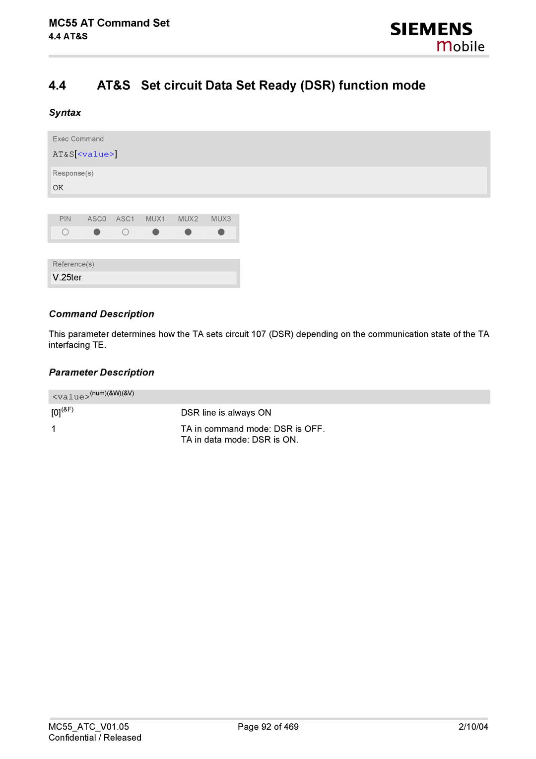 Siemens MC55 manual AT&S Set circuit Data Set Ready DSR function mode, AT&Svalue 