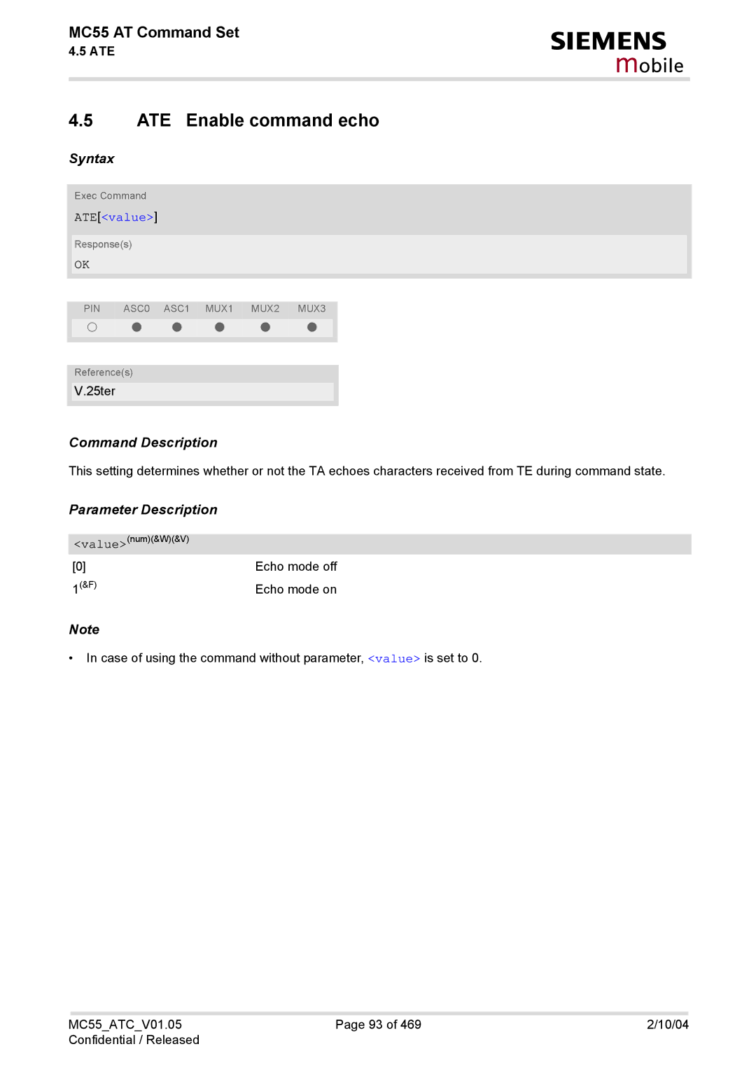 Siemens MC55 manual ATE Enable command echo, ATEvalue 