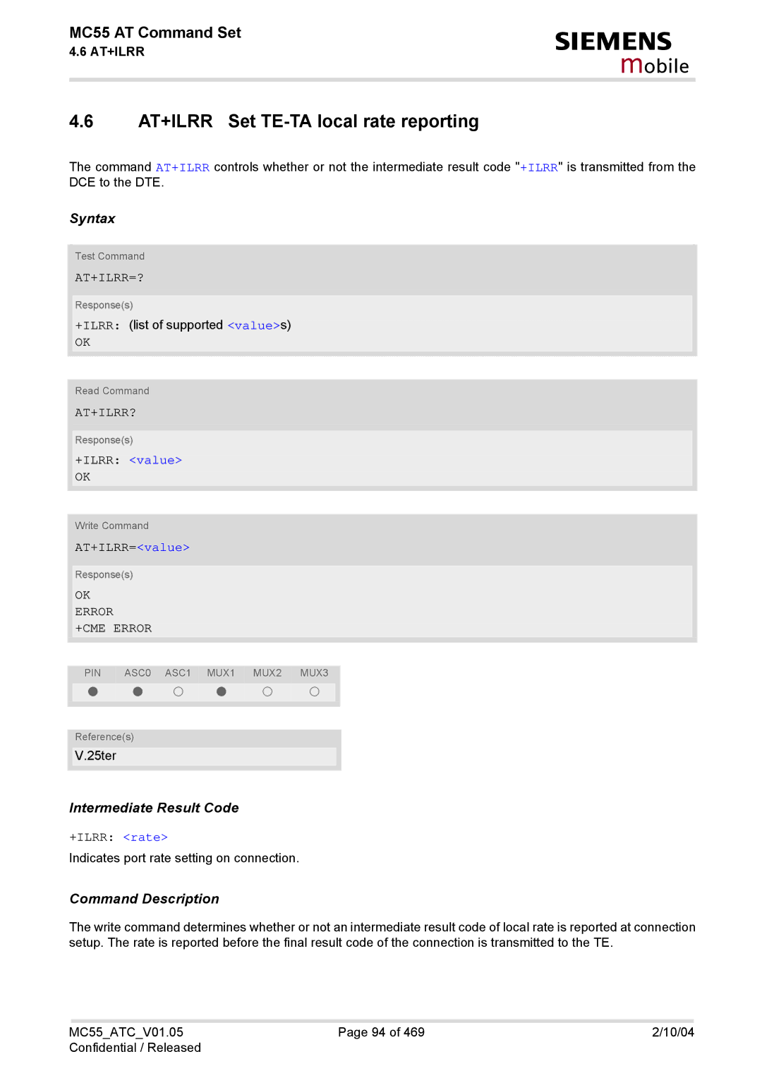 Siemens MC55 manual AT+ILRR Set TE-TA local rate reporting, At+Ilrr=?, At+Ilrr? 