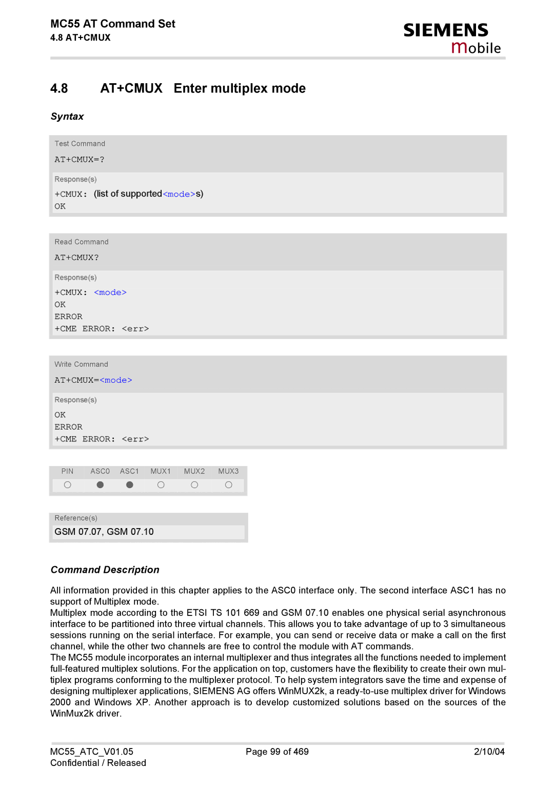 Siemens MC55 manual AT+CMUX Enter multiplex mode, At+Cmux=?, At+Cmux?, +CMUX mode, AT+CMUX=mode 