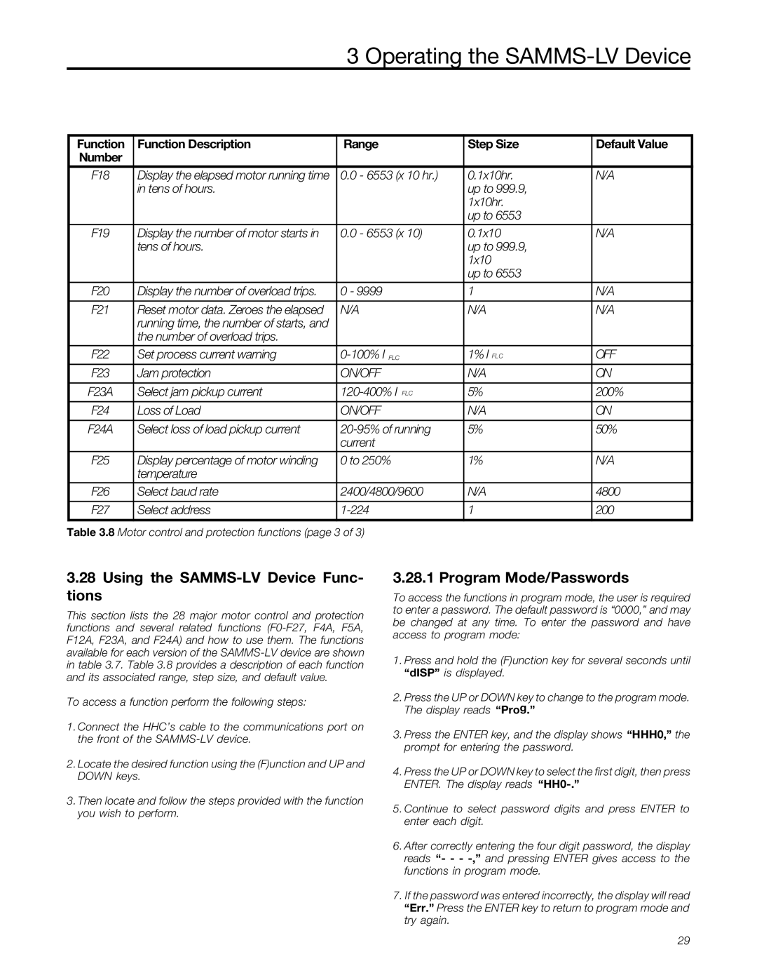 Siemens MCC-3298 user manual Using the SAMMS-LV Device Func Tions, Program Mode/Passwords, 200% 50% 4800 