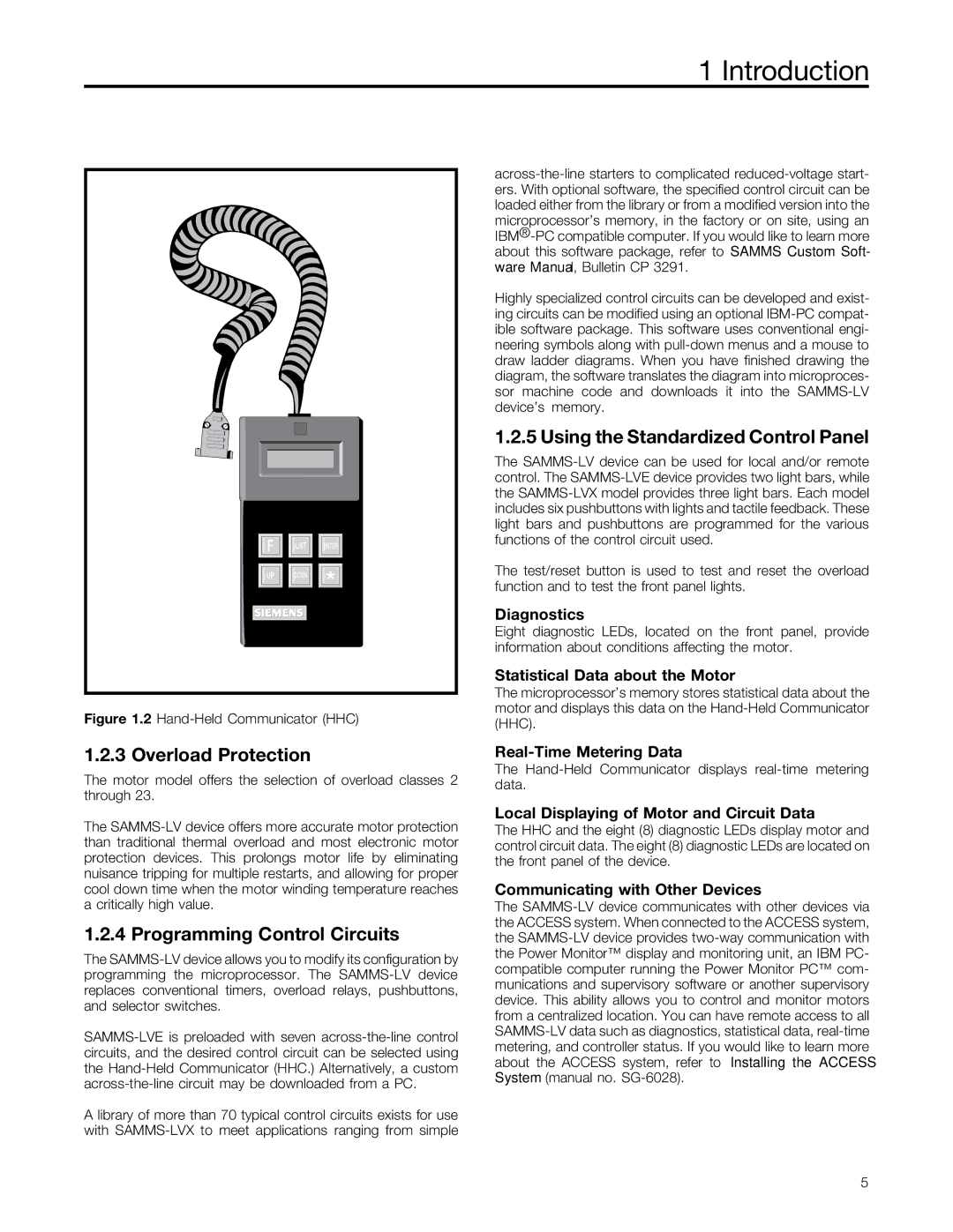 Siemens MCC-3298 user manual Overload Protection, Programming Control Circuits, Using the Standardized Control Panel 