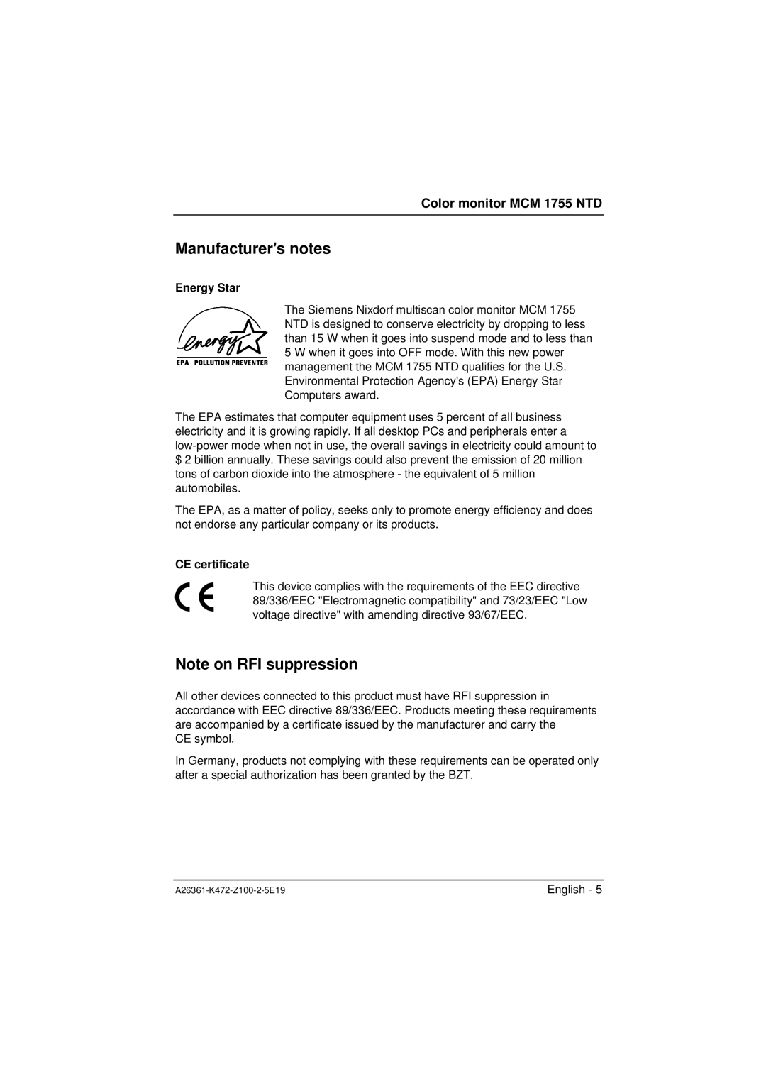 Siemens MCM 1755 NTD manuel dutilisation Manufacturers notes, Energy Star, CE certificate 