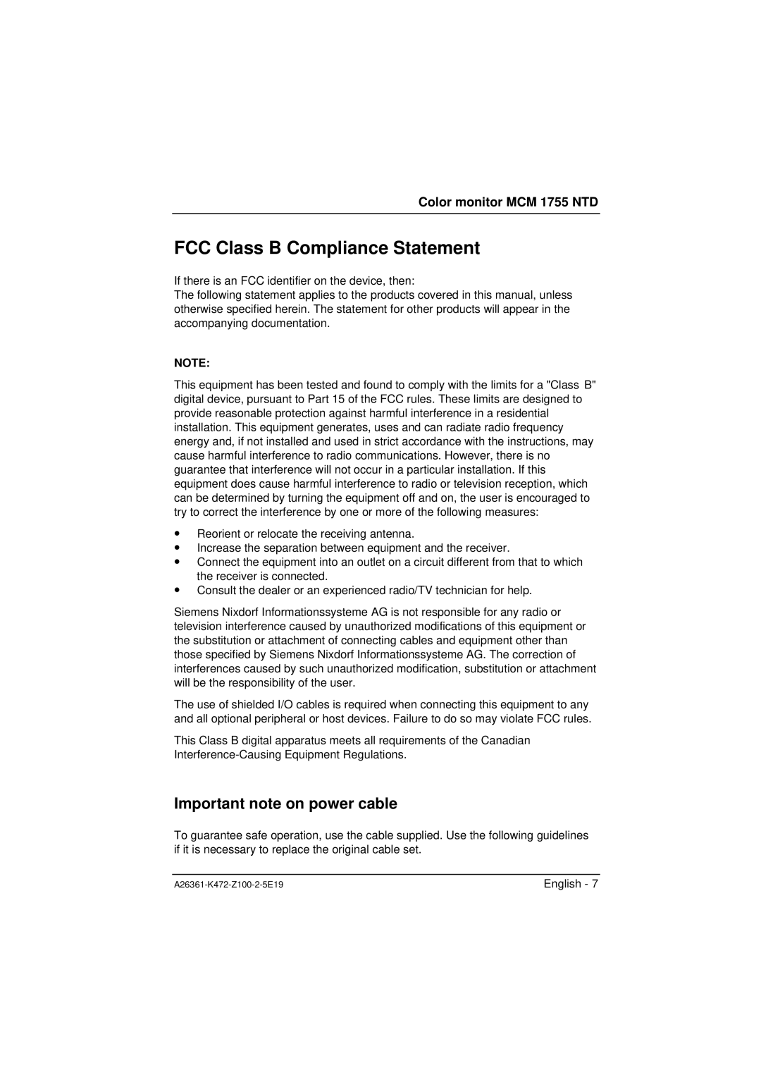 Siemens MCM 1755 NTD manuel dutilisation FCC Class B Compliance Statement, Important note on power cable 