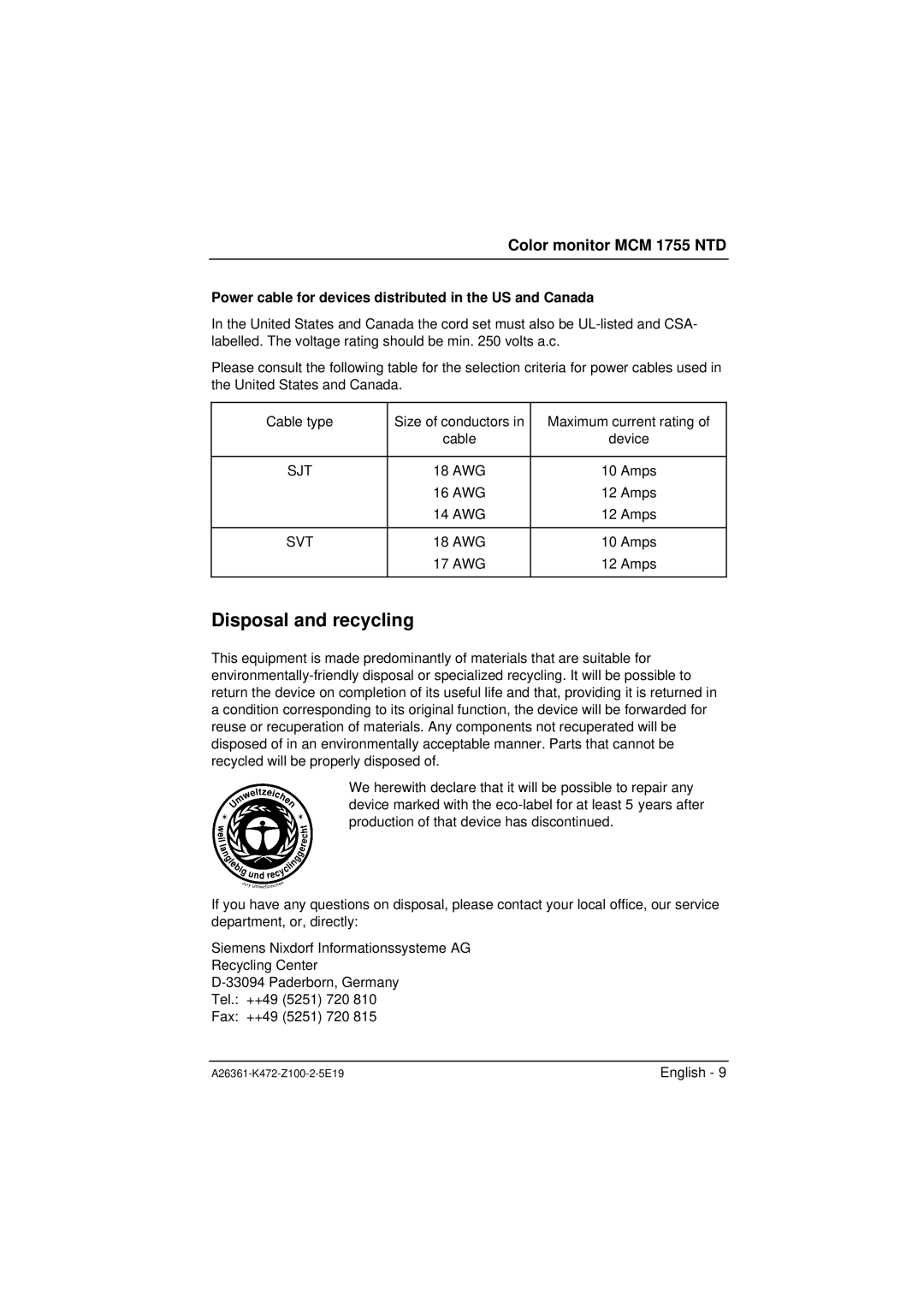 Siemens MCM 1755 NTD manuel dutilisation Disposal and recycling, Power cable for devices distributed in the US and Canada 