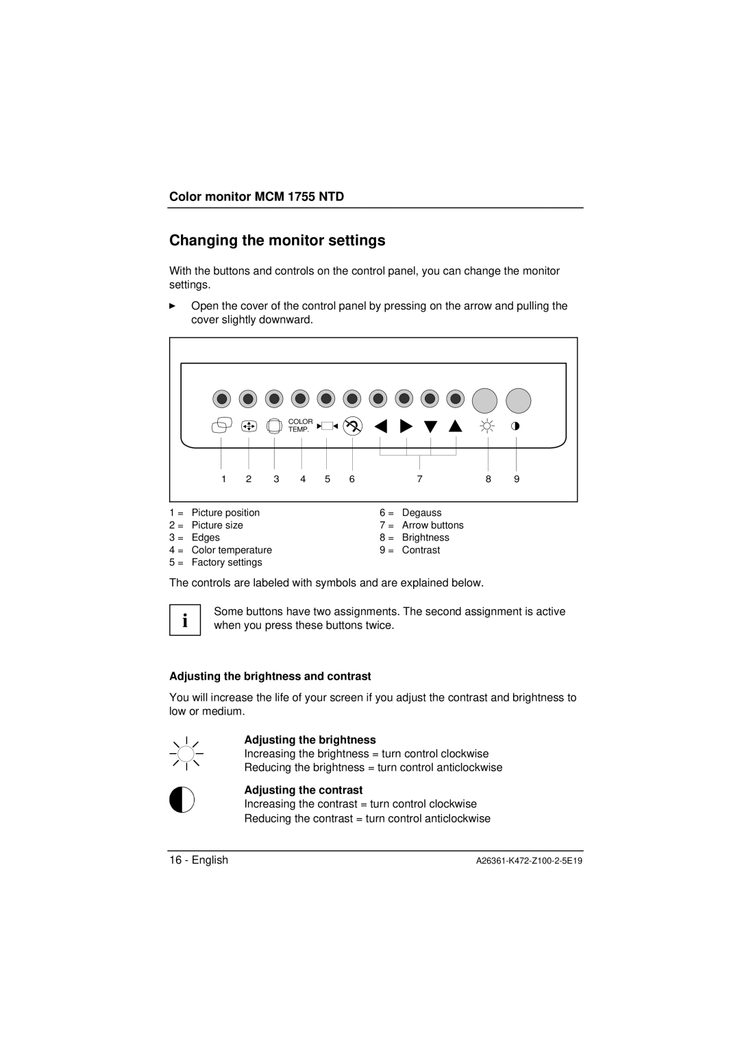 Siemens MCM 1755 NTD Changing the monitor settings, Adjusting the brightness and contrast, Adjusting the contrast 