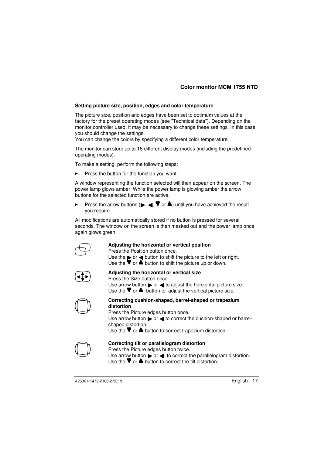 Siemens MCM 1755 NTD manuel dutilisation Setting picture size, position, edges and color temperature 