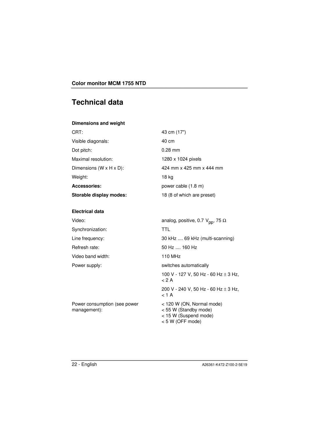 Siemens MCM 1755 NTD Technical data, Dimensions and weight, Accessories, Storable display modes, Electrical data 