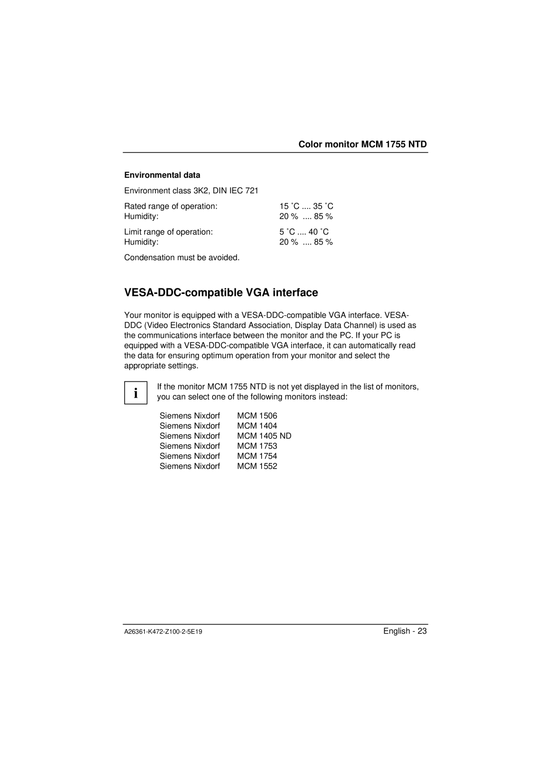 Siemens MCM 1755 NTD manuel dutilisation VESA-DDC-compatible VGA interface, Environmental data 