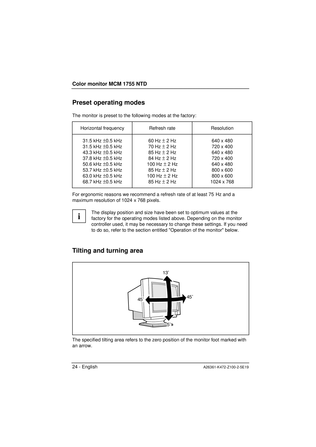 Siemens MCM 1755 NTD manuel dutilisation Preset operating modes, Tilting and turning area 