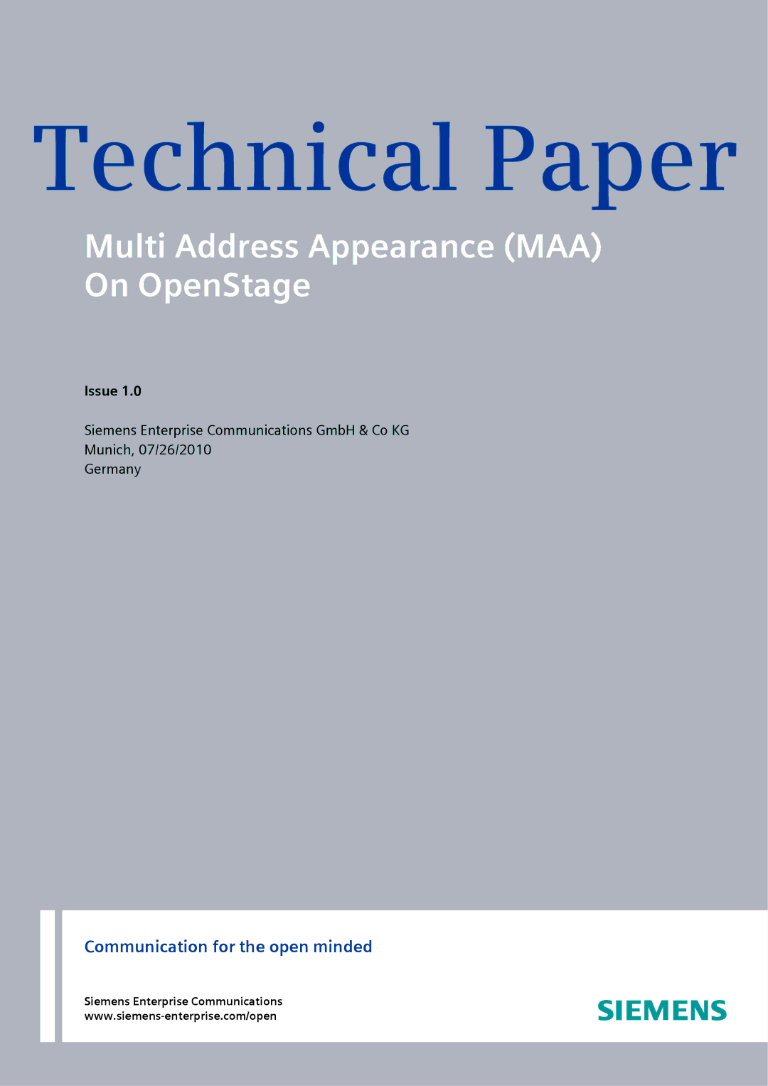 Siemens MG-2D manual Technical Paper, Siemens Enterprise Communications 