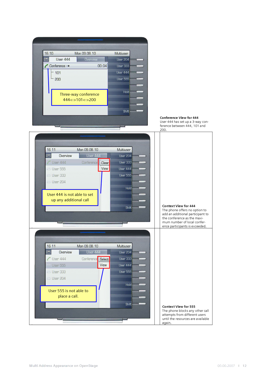 Siemens MG-2D Three-way conference 444-101-200, User 444 is not able to set Up any additional call, Conference View for 