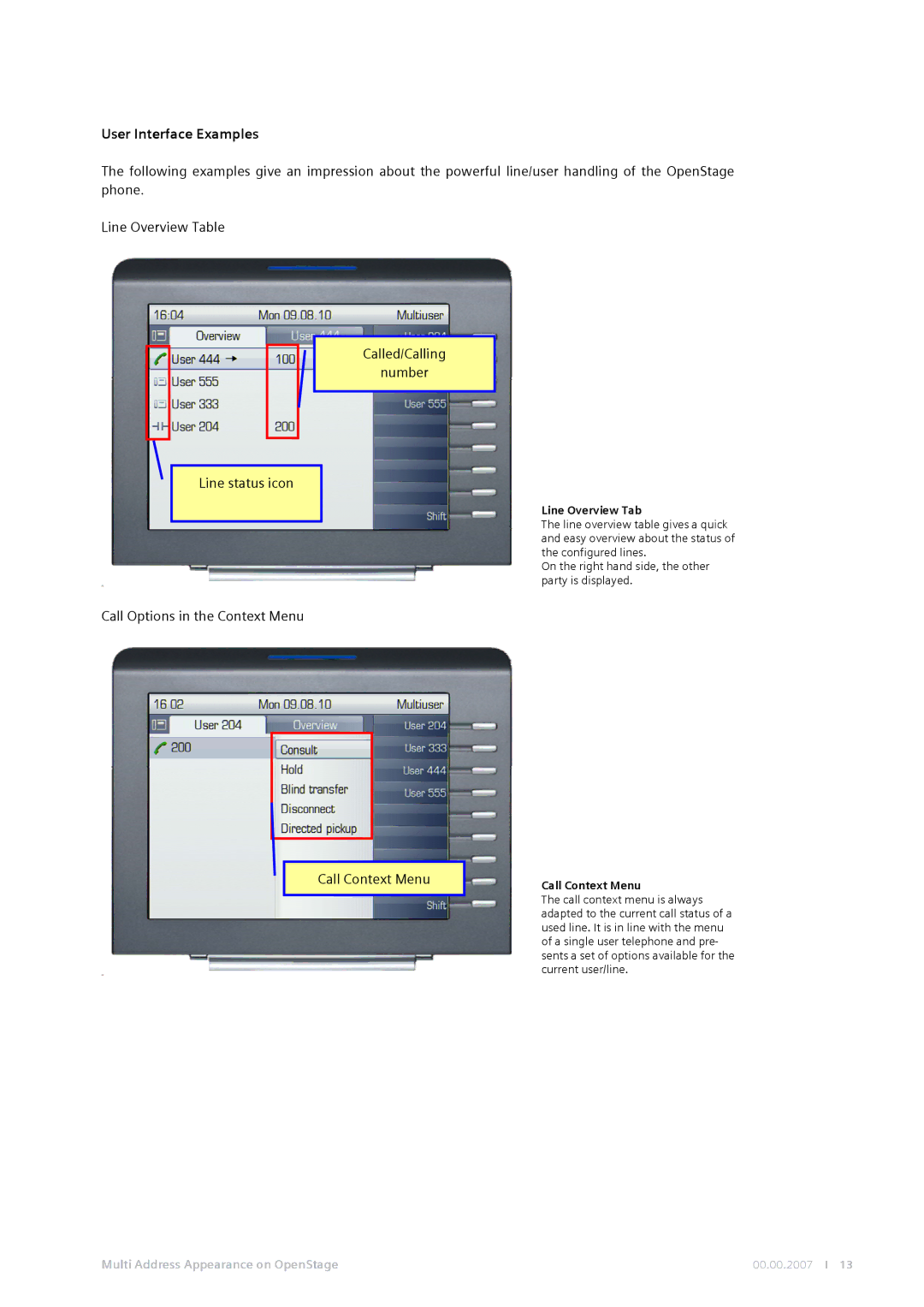 Siemens MG-2D manual User Interface Examples, Call Options in the Context Menu Call Context Menu, Line Overview Tab 