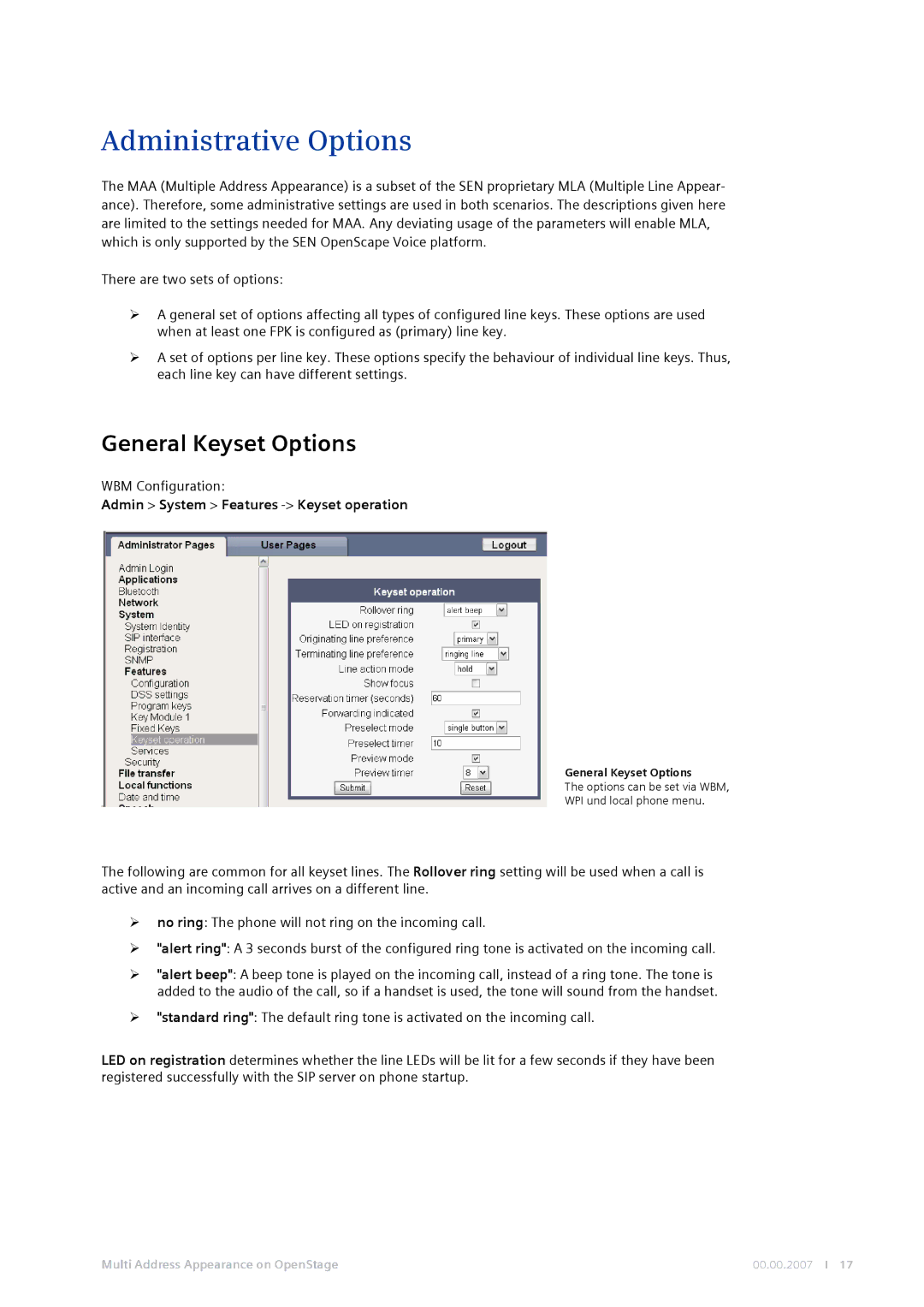 Siemens MG-2D Administrative Options, General Keyset Options, WBM Configuration, Admin System Features -Keyset operation 