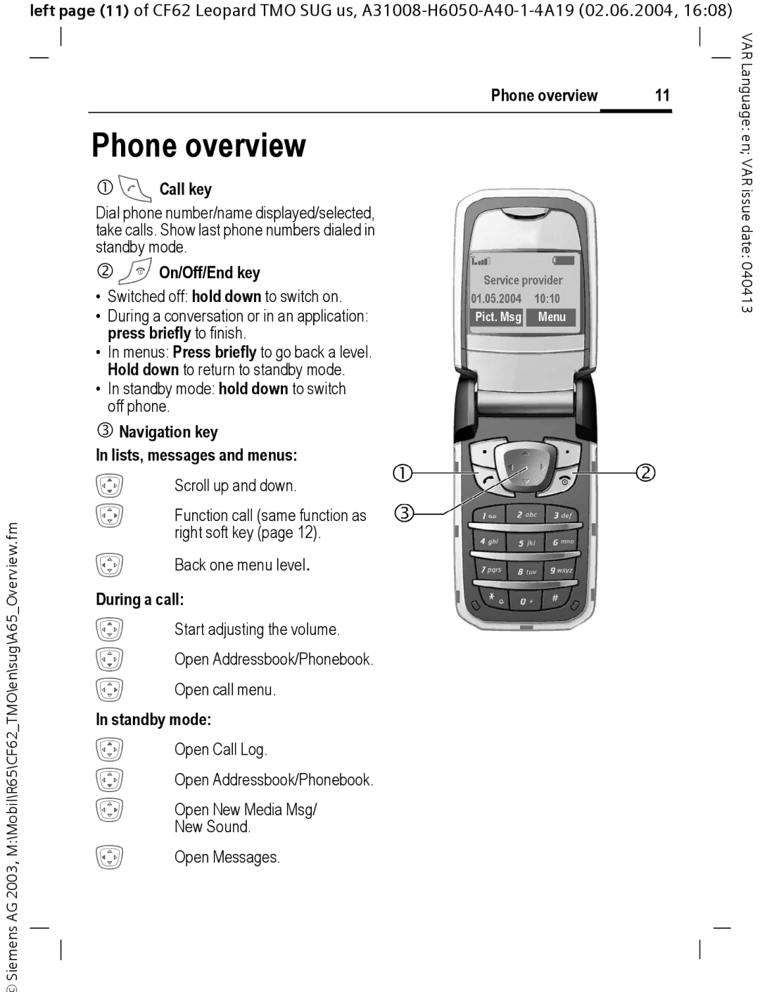 Siemens Mobile operating instructions Phone overview 