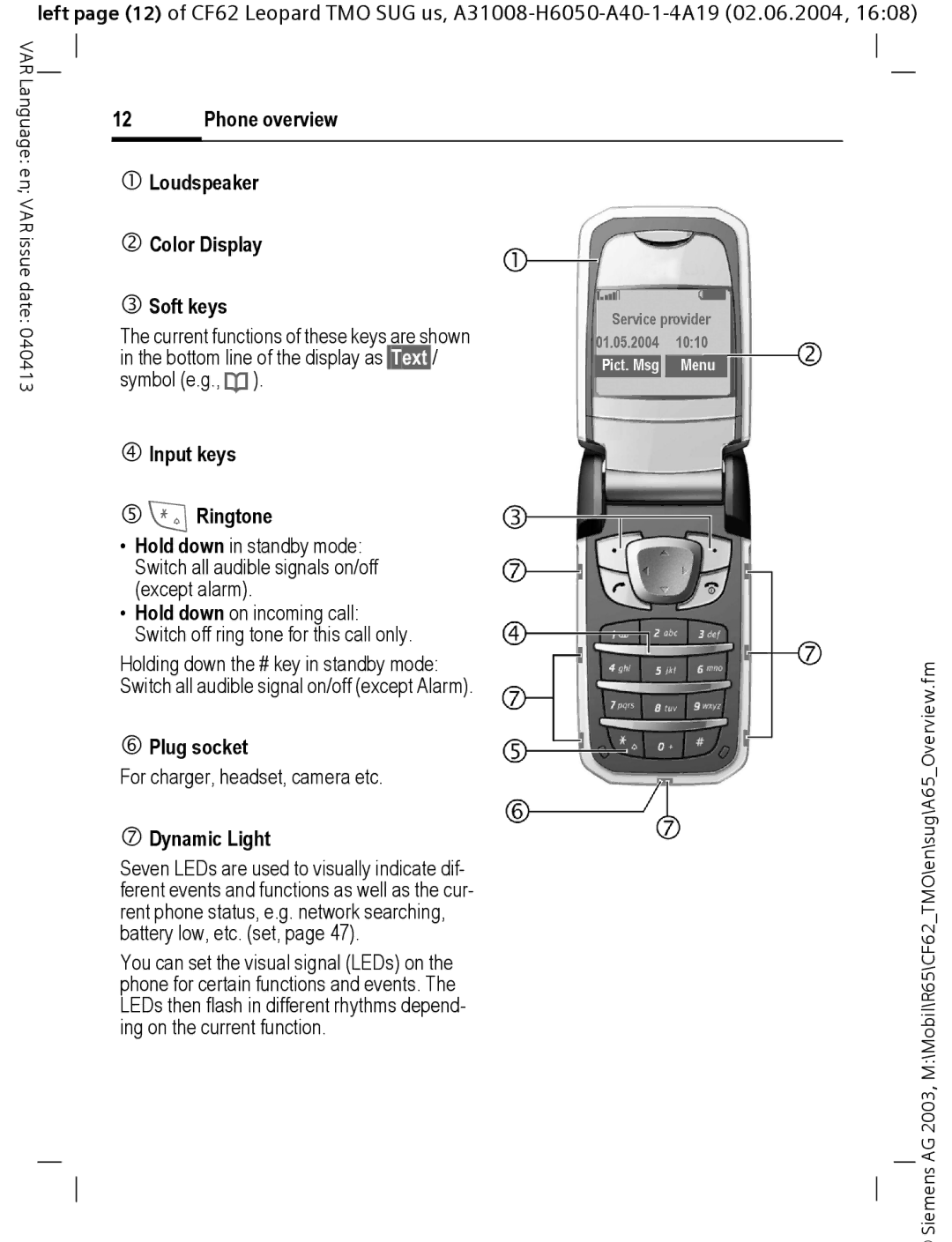 Siemens Mobile Phone overview, Loudspeaker Color Display Soft keys, Input keys Ringtone, Plug socket, Dynamic Light 