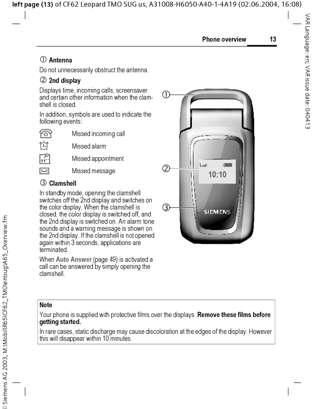 Siemens Mobile Antenna, Do not unnecessarily obstruct the antenna, 2nd display, Missed appointment Missed message 