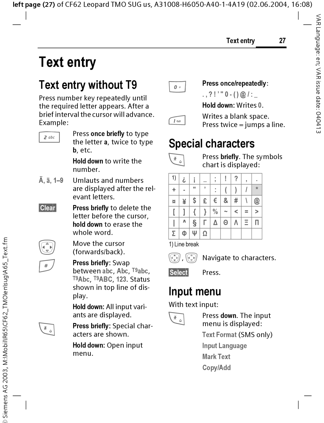 Siemens Mobile operating instructions Text entry without T9, Special characters, Input menu 