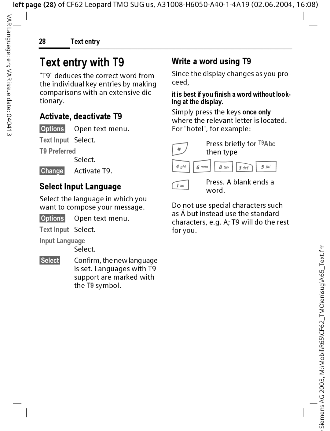 Siemens Mobile Text entry with T9, Activate, deactivate T9, Select Input Language, Write a word using T9 