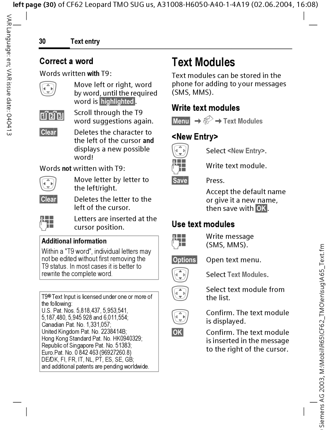 Siemens Mobile operating instructions Text Modules, Correct a word, Write text modules, New Entry, Use text modules 