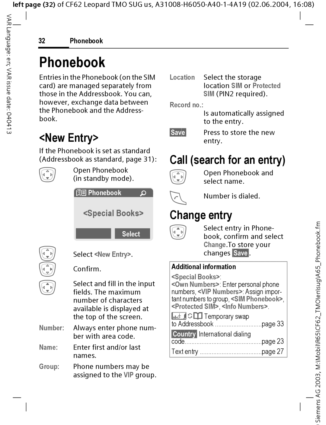 Siemens Mobile operating instructions Phonebook, New Entry, Call search for an entry Change entry, Record no 