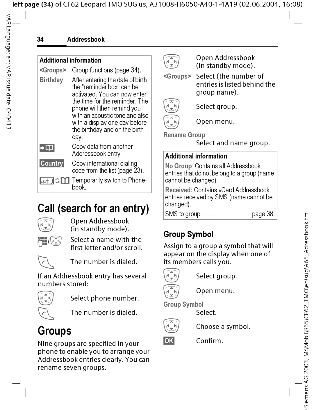 Siemens Mobile operating instructions Call search for an entry, Groups, Group Symbol, Rename Group 