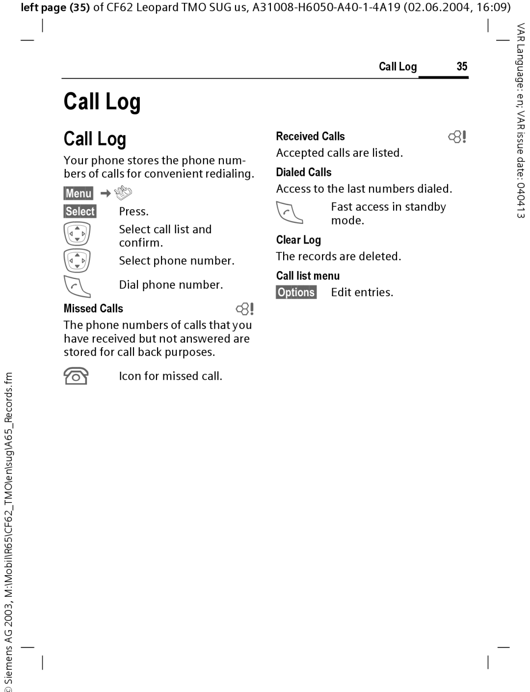 Siemens Mobile operating instructions Call Log, §Menu§ K Z 