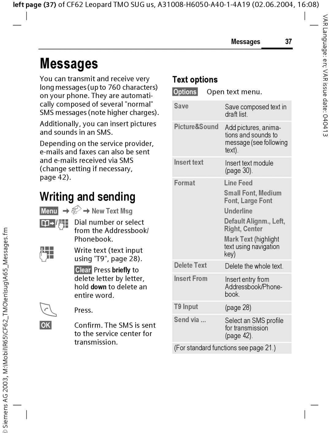 Siemens Mobile operating instructions Messages, Writing and sending, Text options 