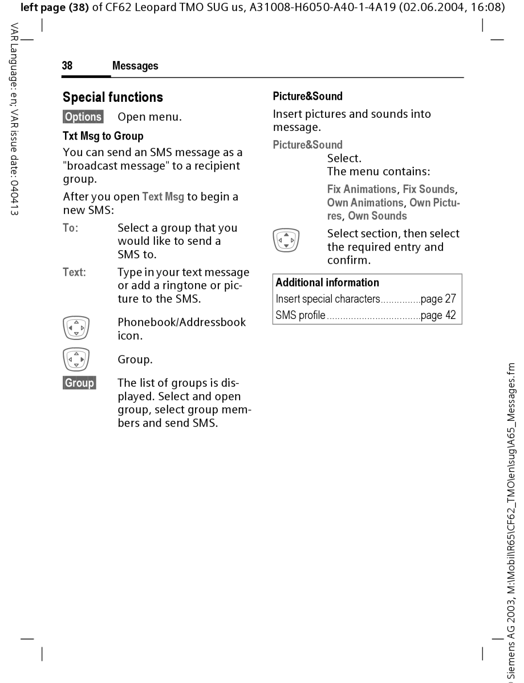 Siemens Mobile operating instructions Special functions, §Options§ Open menu, Txt Msg to Group, Picture&Sound 