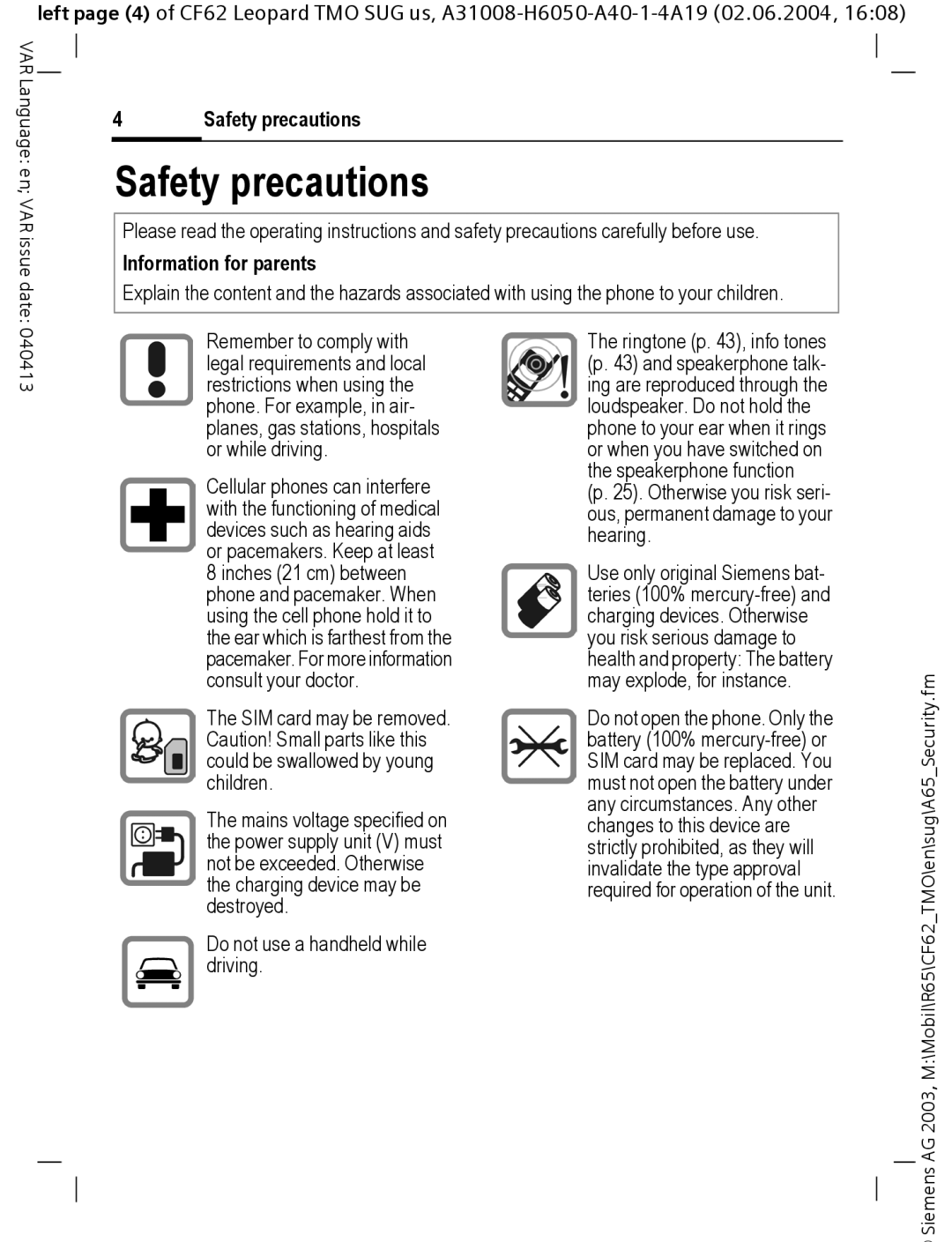 Siemens Mobile operating instructions Safety precautions, Information for parents 