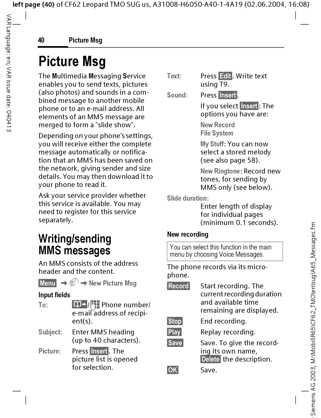 Siemens Mobile operating instructions Picture Msg, Writing/sending MMS messages 