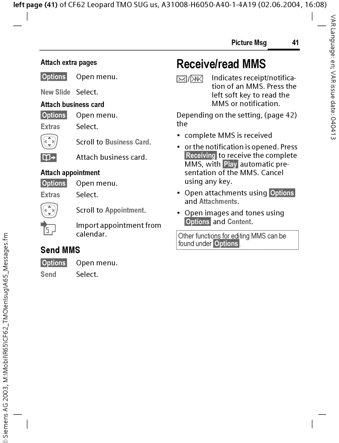 Siemens Mobile operating instructions Receive/read MMS, Send MMS 