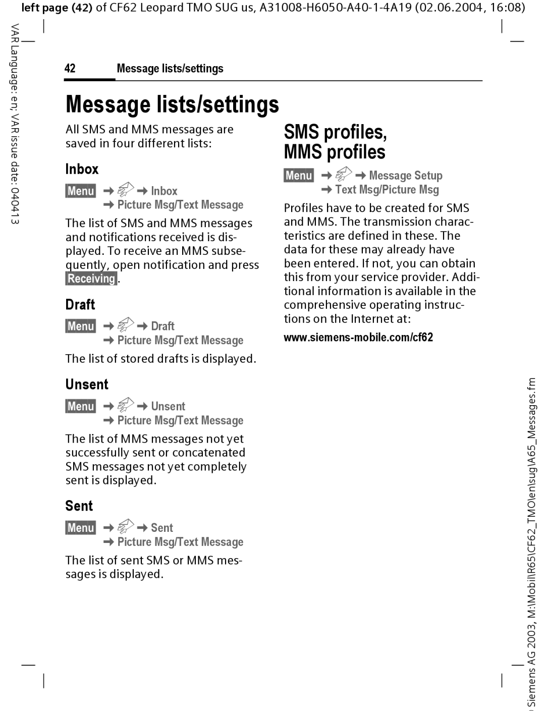 Siemens Mobile operating instructions SMS profiles MMS profiles, Inbox, Draft, Unsent, Sent 