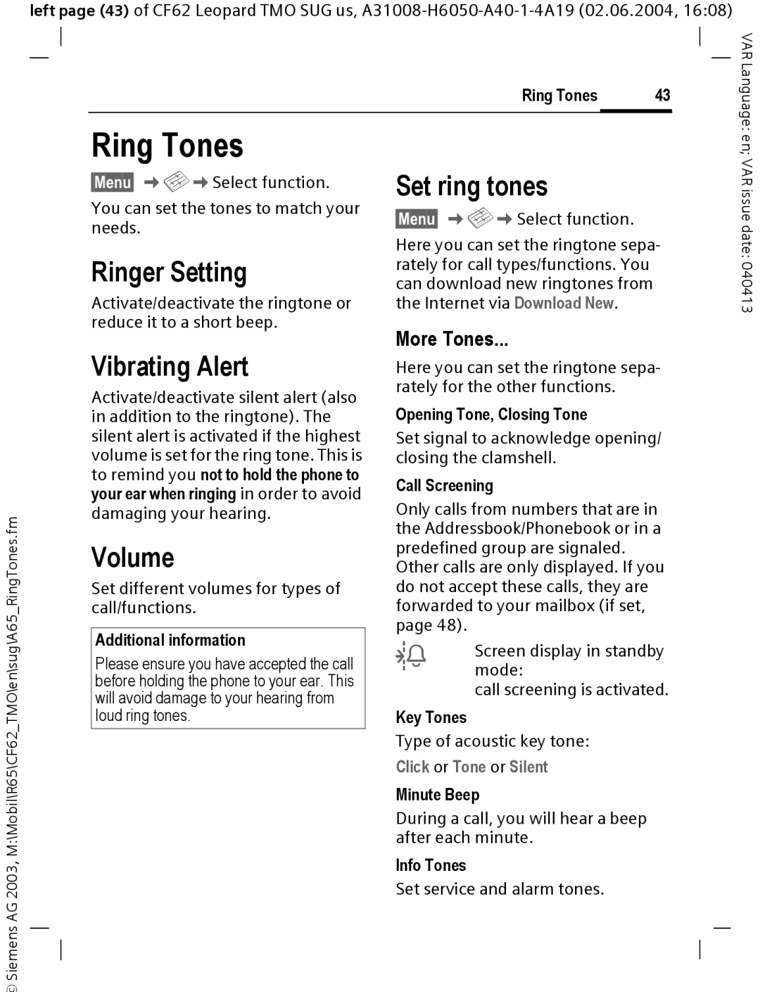 Siemens Mobile operating instructions Ring Tones, Ringer Setting, Vibrating Alert, Volume, Set ring tones 