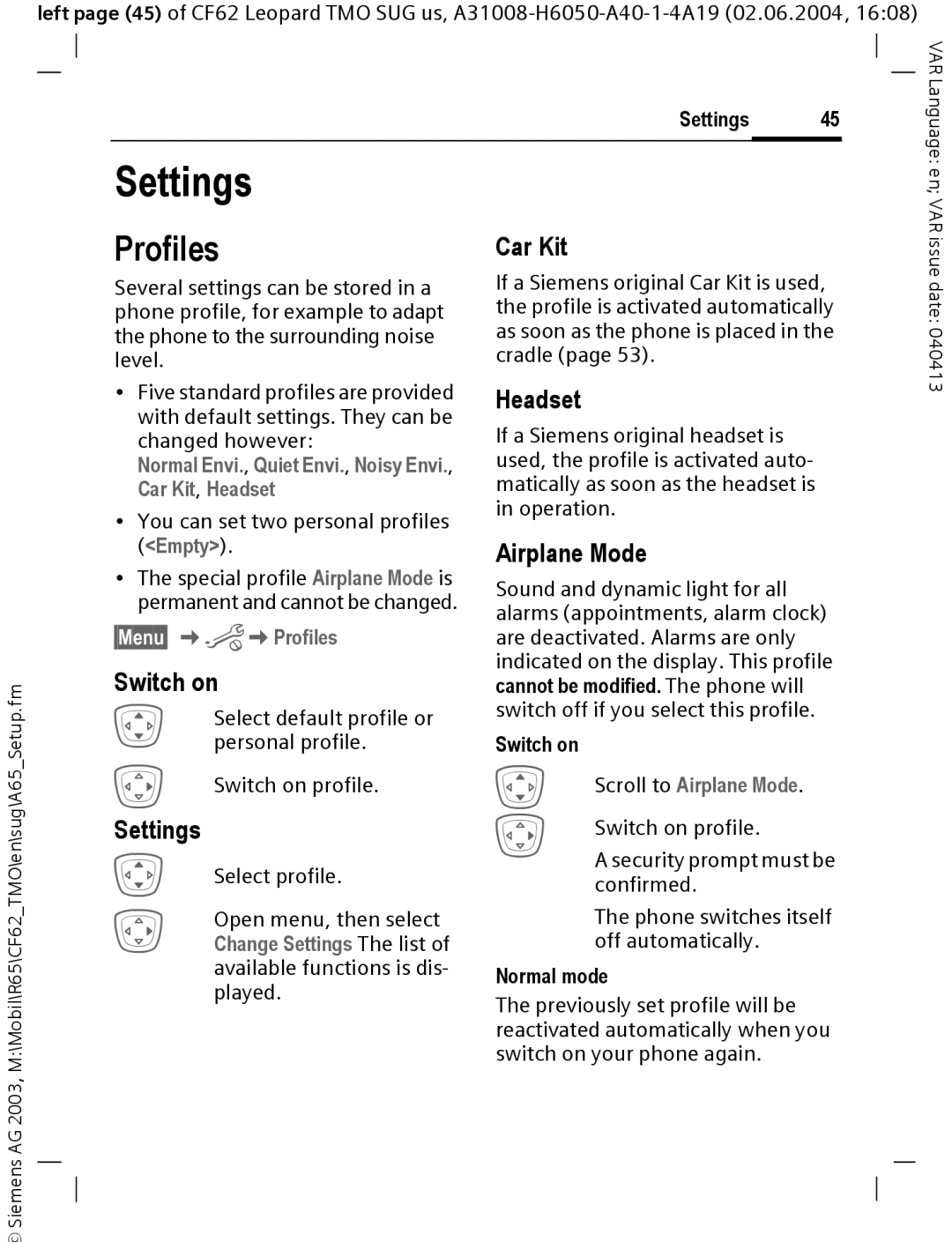 Siemens Mobile operating instructions Settings, Profiles 