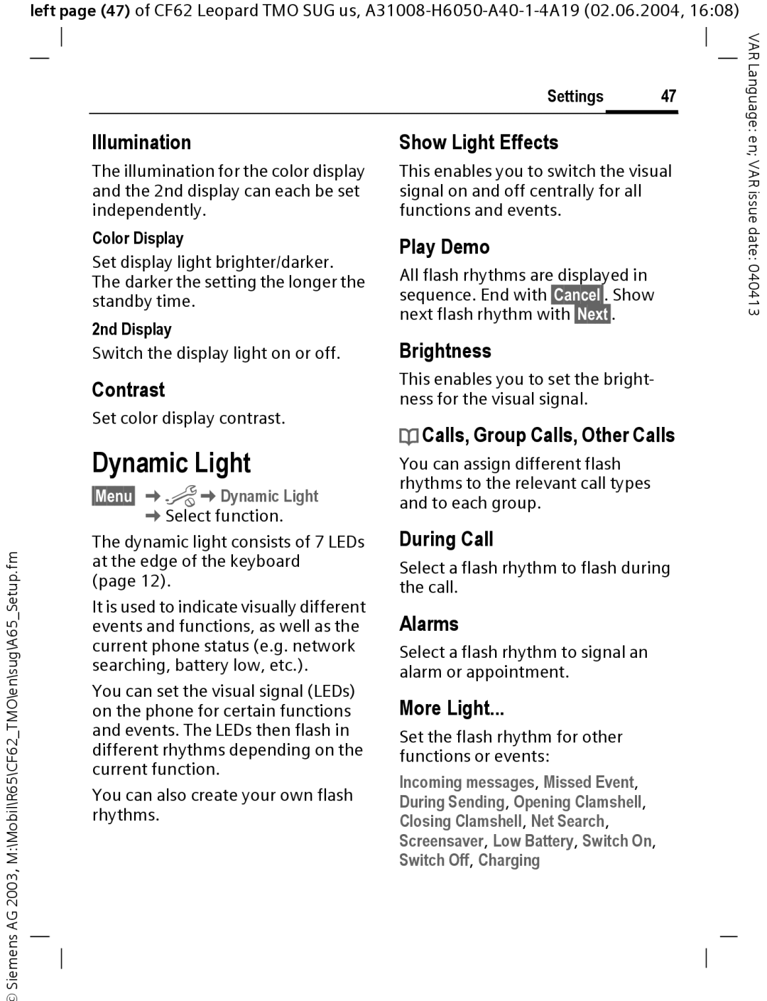 Siemens Mobile operating instructions Dynamic Light 