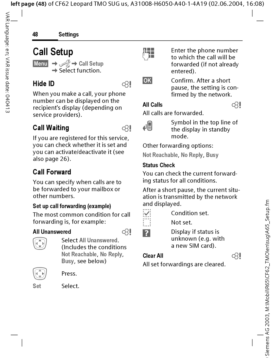 Siemens Mobile operating instructions Call Setup, Call Waitingb, Call Forward 