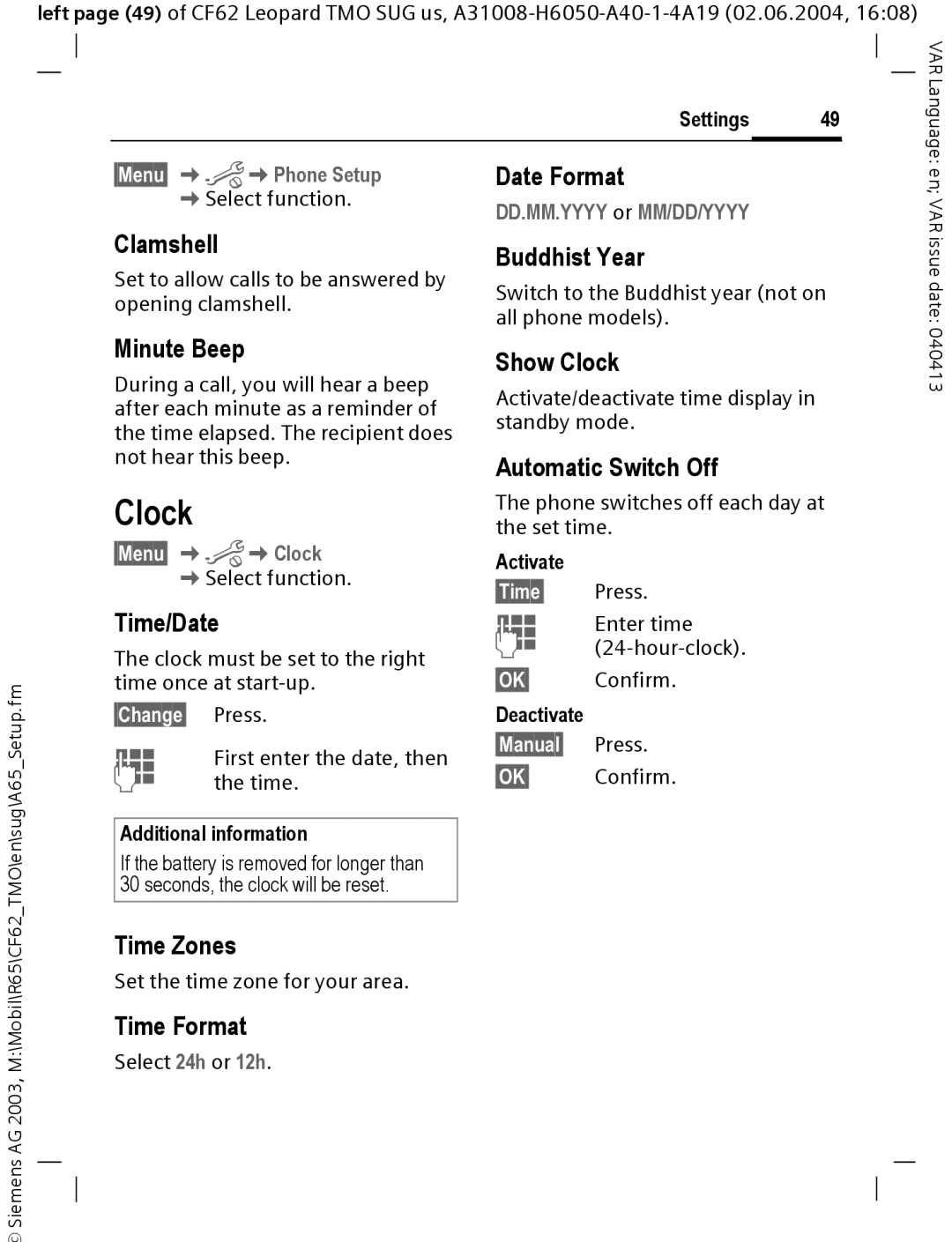 Siemens Mobile operating instructions Clock 