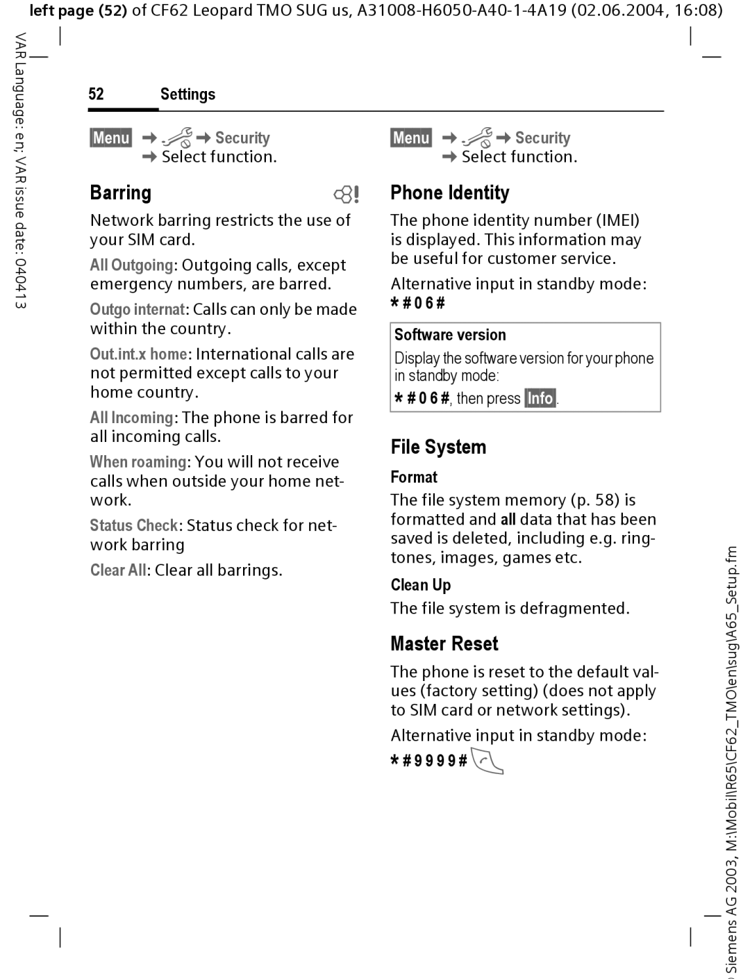 Siemens Mobile operating instructions Barringb, Phone Identity, File System, Master Reset 