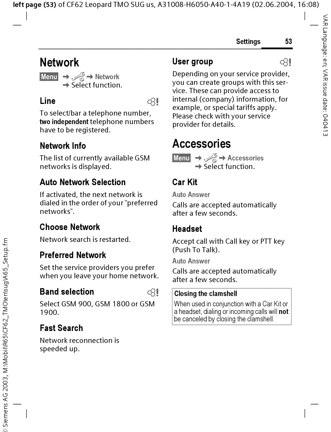 Siemens Mobile operating instructions Network, Accessories 