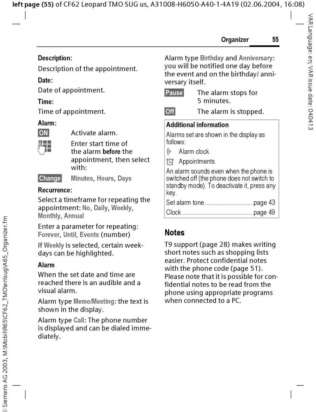 Siemens Mobile operating instructions §Change§ Minutes, Hours, Days 