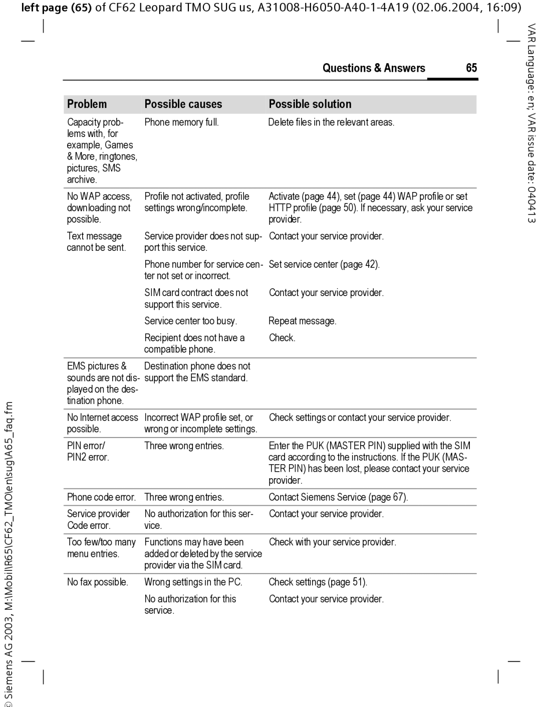 Siemens Mobile operating instructions Problem Possible causes Possible solution 